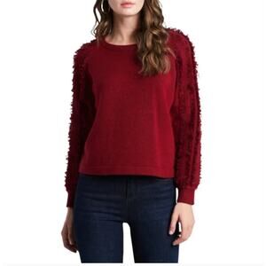 1.STATE Fringe Sleeve Sweater In Rich Cranberry Pullover Crew Neck Size Medium